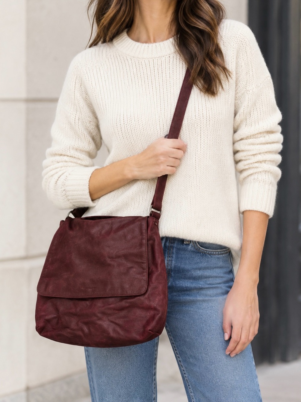 RUDSAK Collection Burgundy Leather Crossbody Shoulder Bag Distressed